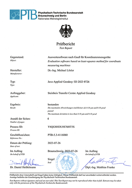 Test report of the Physikalisch-Technische Bundesanstalt (PTB) for the validation of the implemented algorithms of JAG3D for the best fit of form elements according to the least squares method