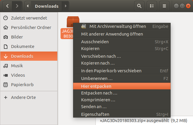 Downloadpaket von JAG3D extrahieren (Ubuntu)